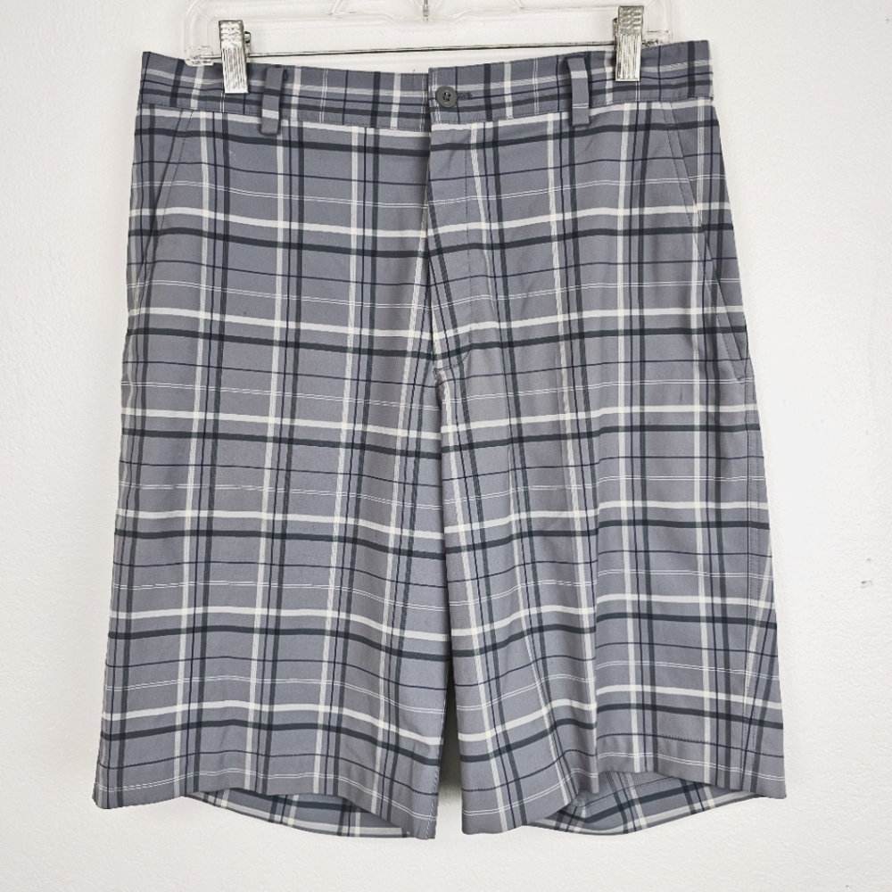 Nike Mens Shorts Gray Navy Plaid Zip Front Sz 32 Activewear Golf Athleisure